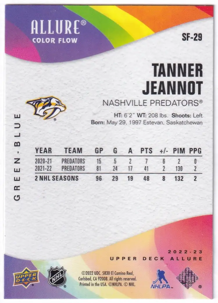 2022-23 Upper Deck Allure Color Flow Green Blue #SF29 Tanner Jeannot Nashville Predators Hockey Card