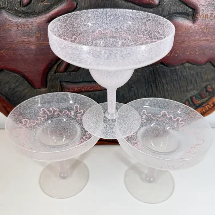 PINK SCRIBBLE Frosted MARGARITA GLASSES Set/3 MCM 50s Barware ATOMIC Eames Era