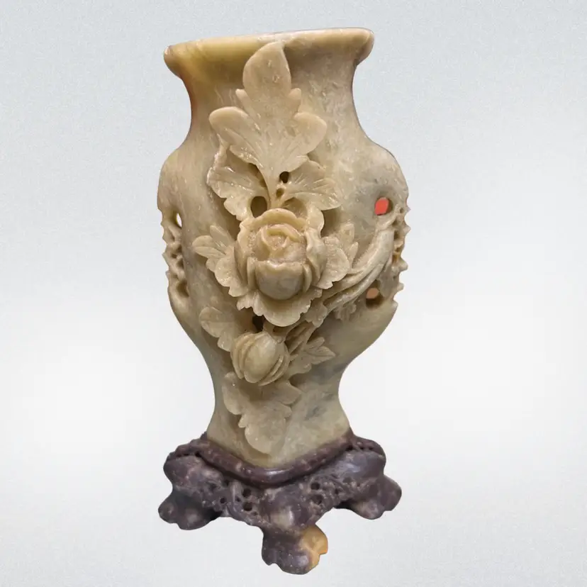 MARKDOWN! Soapstone Carved Roses Vase ~5.75x3"