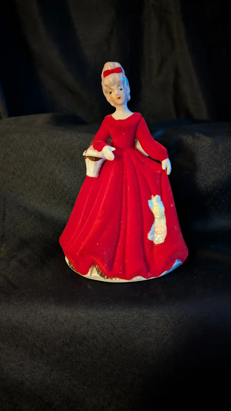 Flocked ceramic lady figurine/Velvet Dress Lady Japan?