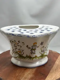 Vintage French Faience Moustiers France Bird Flower Frog Vase Wall Pocket