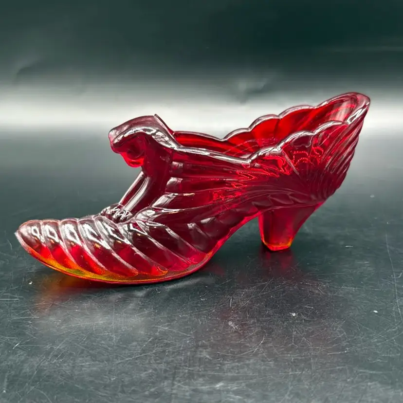 Fenton Ruby Drape Style Cat Head Glass Shoe With Cadmium Glow