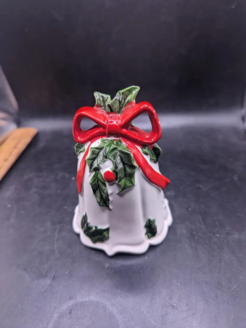 Vintage Lefton Festive Holly and Bow Ceramic Bell