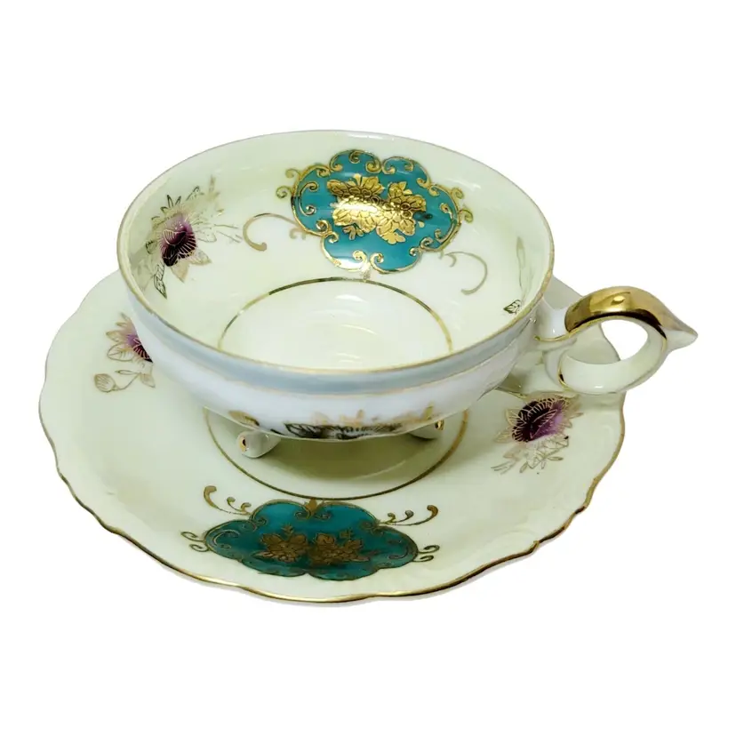 ROYAL SEALY England bone China Tea Cup Saucer Gold Trim Green Raised Gold Design