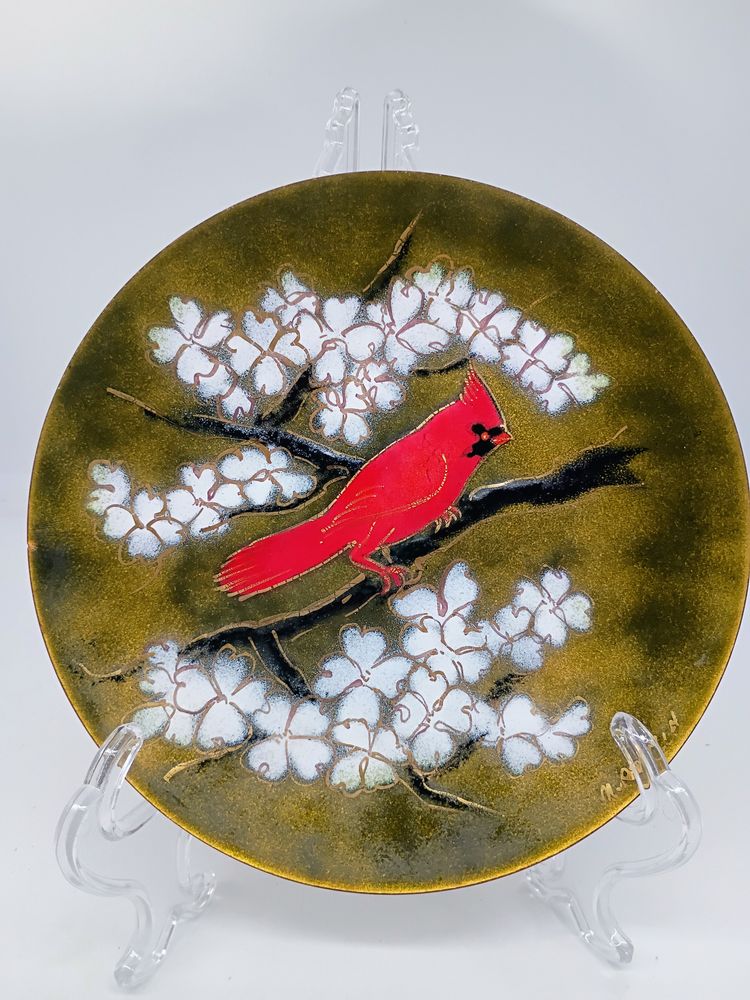 Enamel on Copper Red Cardinal on Dogwood Branch Decorative Plate Signed