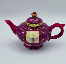 Miniature, Ceramic, Purple/Pink Teapot Trinket Box, Butterflies, Gold Accents