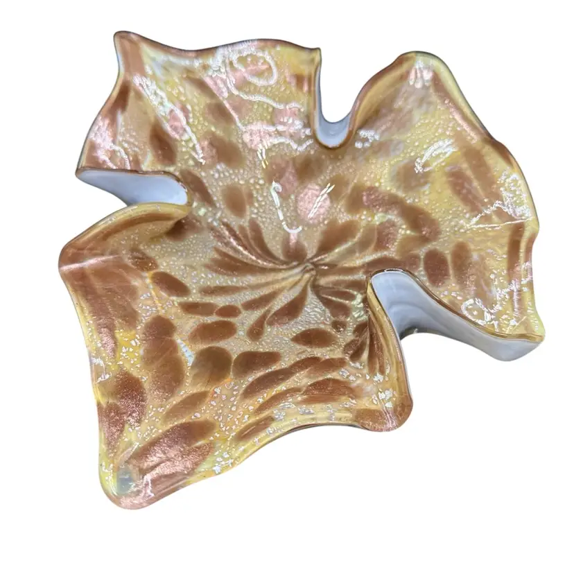 Mid Century Art Glass Bowl Murano White And Gold with Copper Fleck Adventurine Freeform 9.5” Stunning