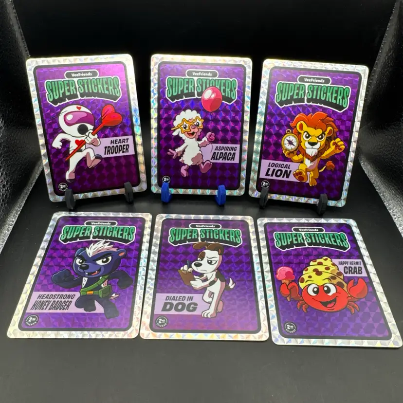 6 Card VeeFriends Super Stickers Manga Headstrong Honey Badger, Dialed In Dog, Happy Hermit Crab, Heart Trooper, Logical Lion, Aspiring Alpaca