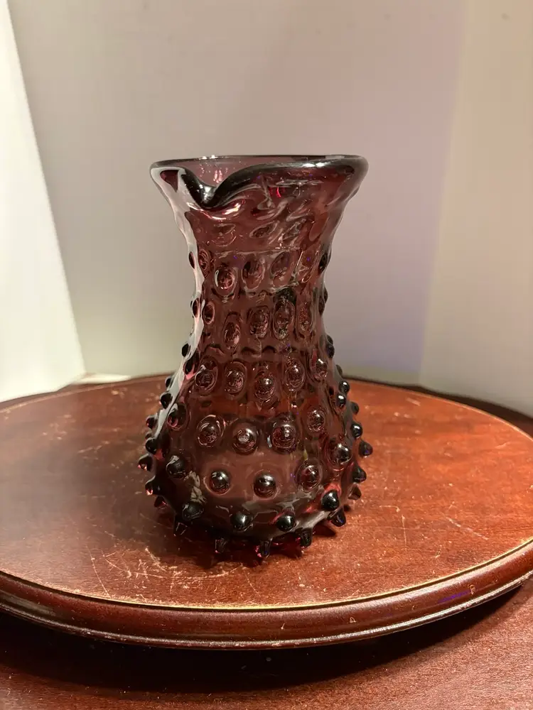 6” Amethyst Art Glass Hobnail Pitcher With Applied Handle