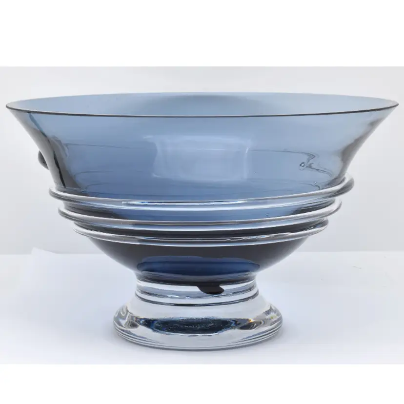 Cobalt Blue Glass Bowl with Clear Swirl and Base, 8" Diameter