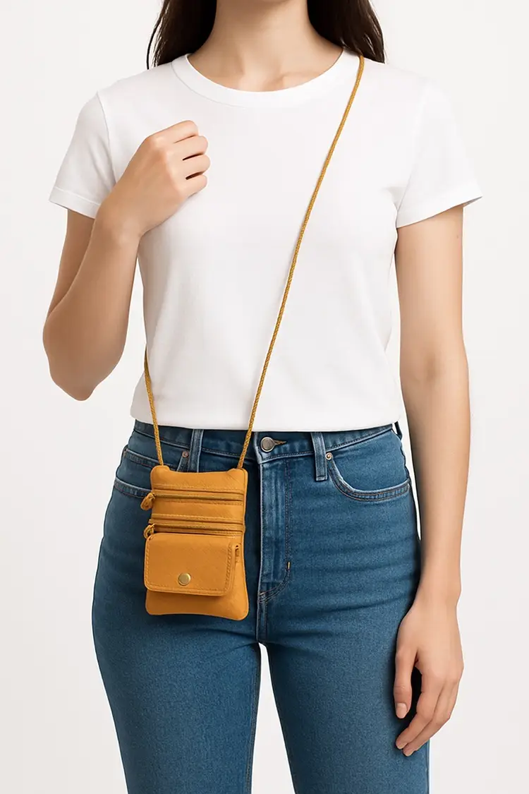 New Tan Leather mini Crossbody Bag with Multiple Zippered Compartments