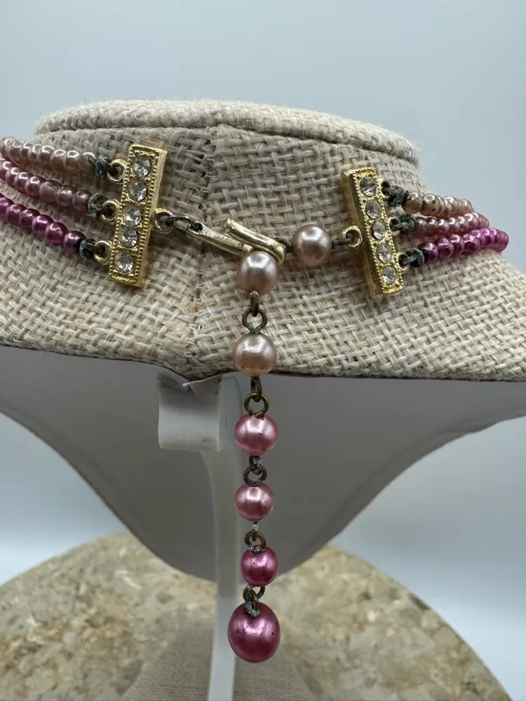 Vintage Japan Faux Pearl Three Strand Pink Hombre Necklace With Rhinestones