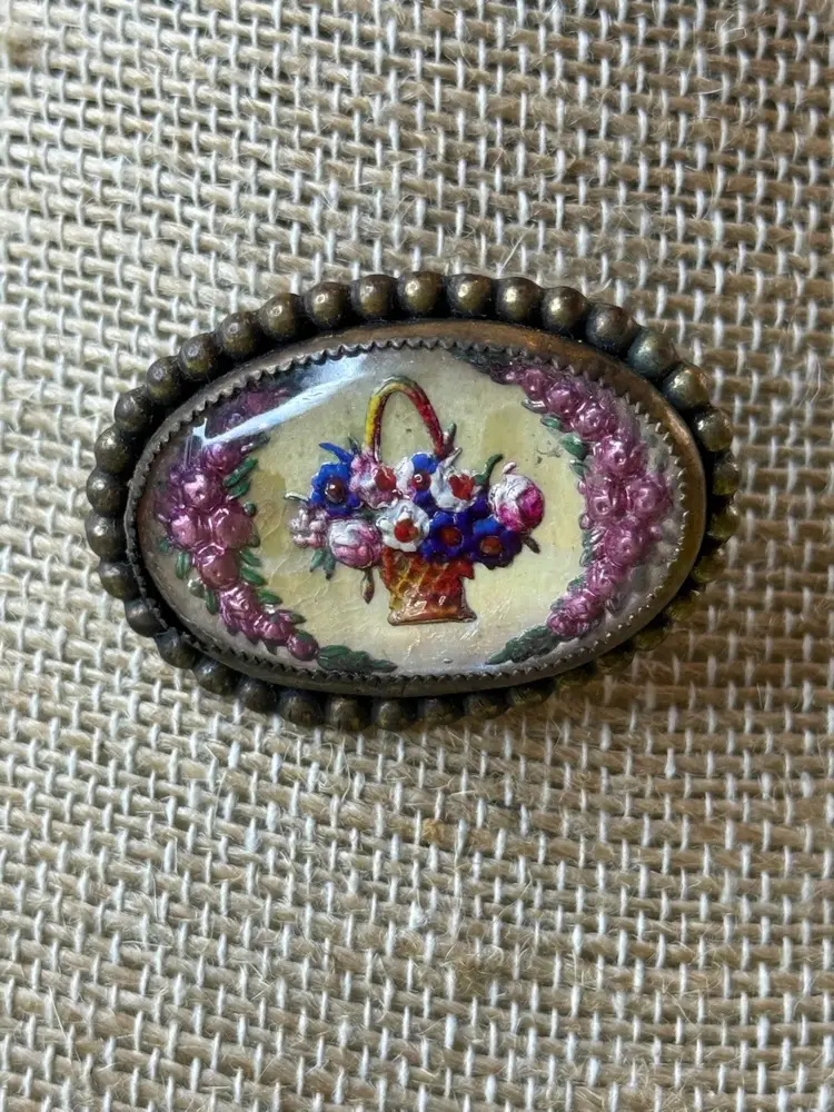 Victorian Oval Intaglio Brass Brooch Flower Basket Reverse Painted Dome Glass C Clasp Closure