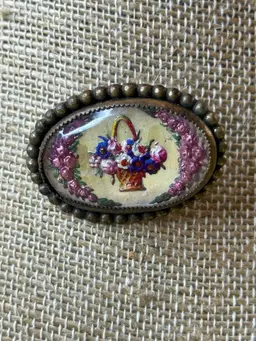 Victorian Oval Intaglio Brass Brooch Flower Basket Reverse Painted Dome Glass C Clasp Closure