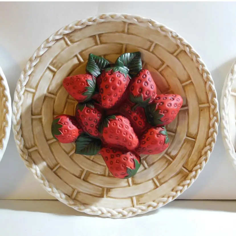 Vintage CottageCore Basketweave 3-D Fruit Plate Ceramic Wall Hangings! STRAWBERRY! Scarce! Made in Japan. Each sold separately.