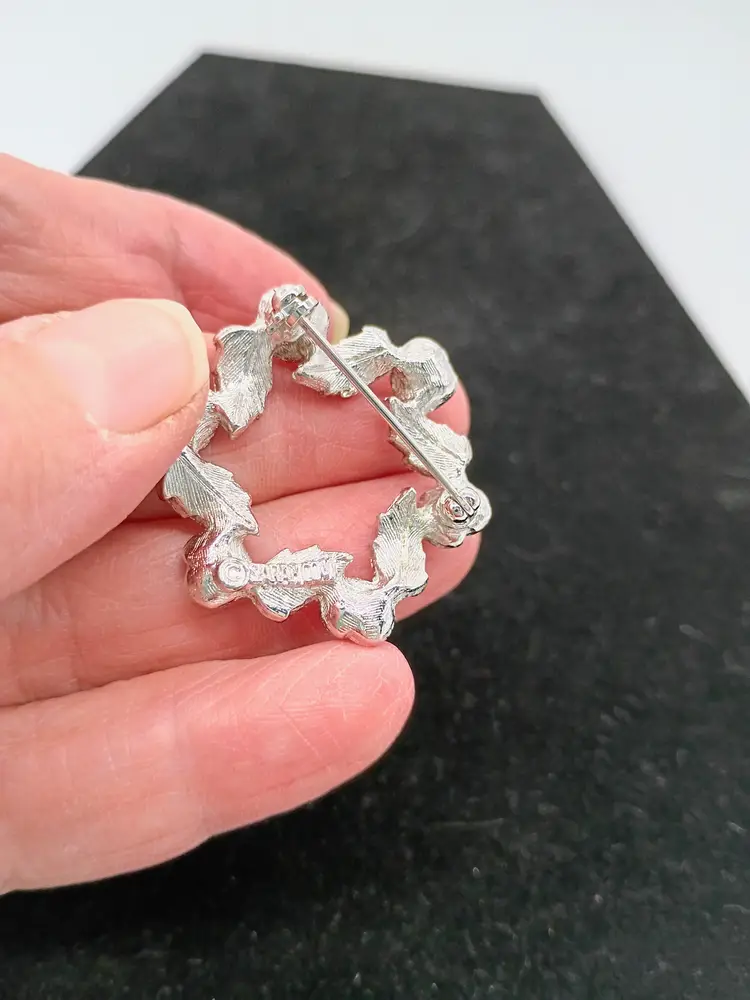 Vintage Sarah Coventry Rose & Holly Wreath Brooch Pin Silver Tone Flower Floral Retro