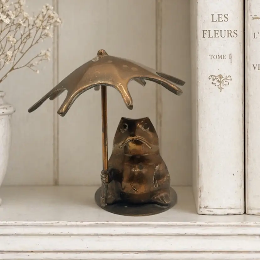 Vintage Brass Grumpy Frog Figurine with Umbrella