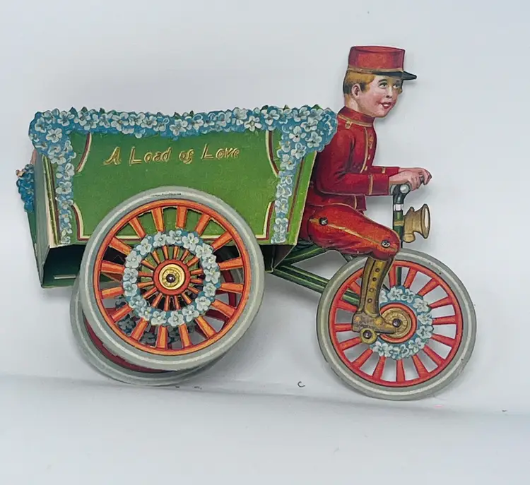 Antique German 1910s Die-Cut Pop-Up Valentine - "A Load of Love" Bicycle Cart