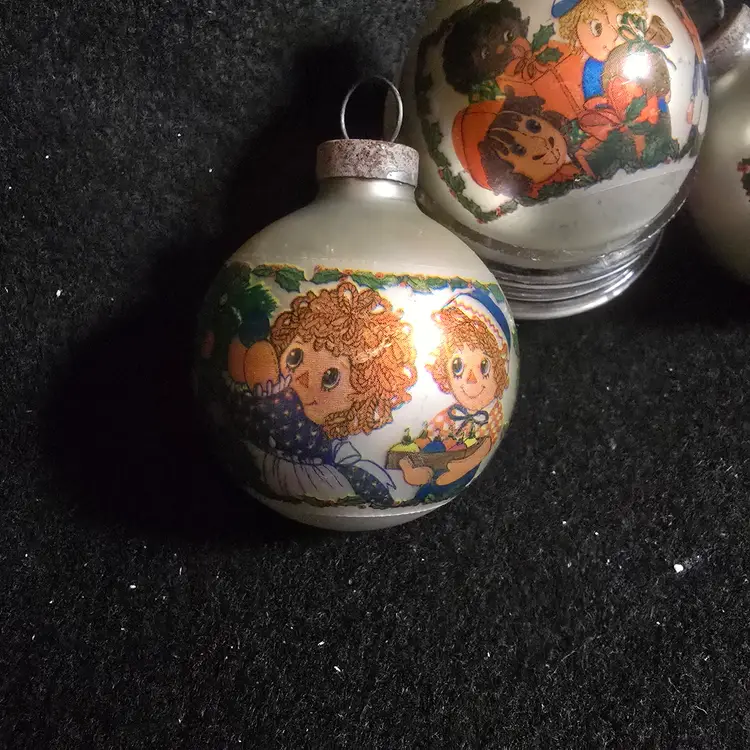 Vintage 1974 Raggedy Ann & Andy Glass Christmas Ornaments Set of 3 The Bobbs-Merrill Co 1.5"