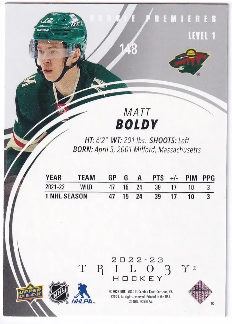 2022-23 Upper Deck Trilogy #148 Matt Boldy RC Minnesota Wild Hockey Card