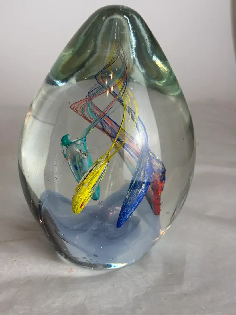 Glass Egg Shape Red , Blue, yellow  spiral swirl Paperweight