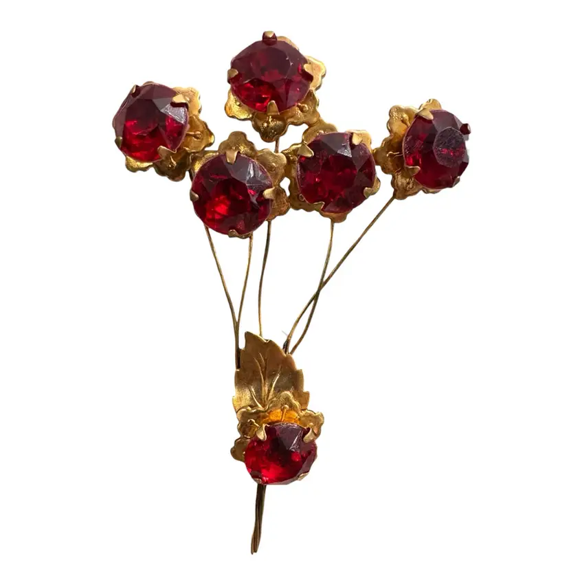 Vintage Red Faceted Rhinestone Floral Brooch