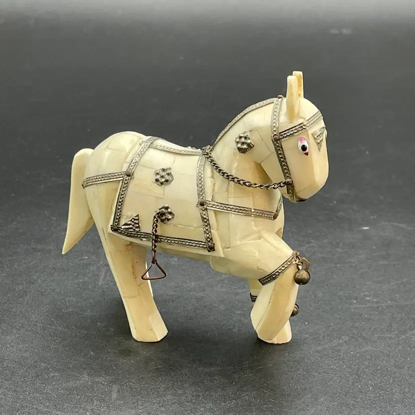Tessellated Bone Horse Figure Sculpture Metal Accents Vintage Equestrian Decor