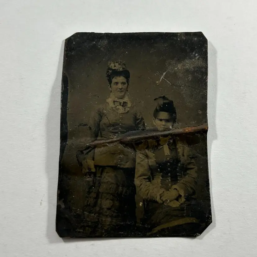 Tintype Two Young Women in Black Dresses and Fancy Hats Family