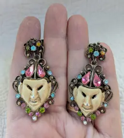 Vintage Screw Back Asian Mask Earrings with Rhinestones