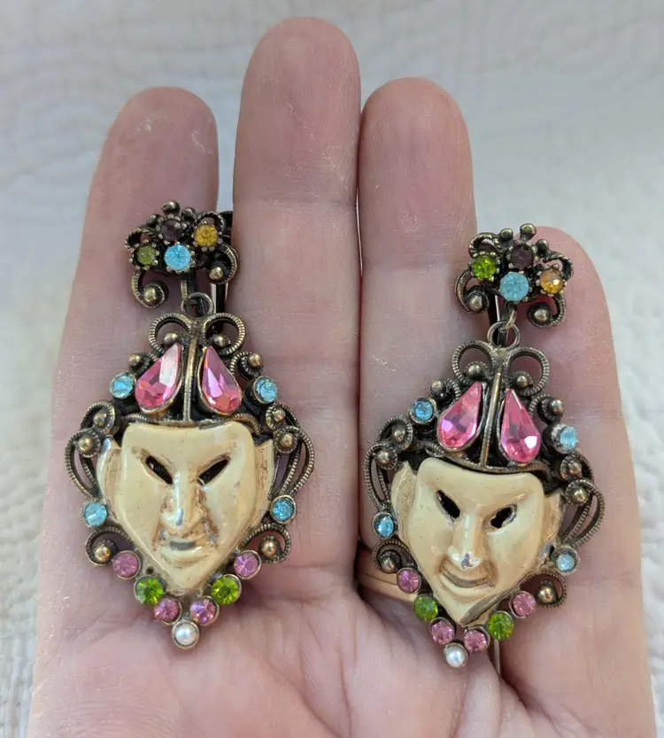 Vintage Screw Back Asian Mask Earrings with Rhinestones
