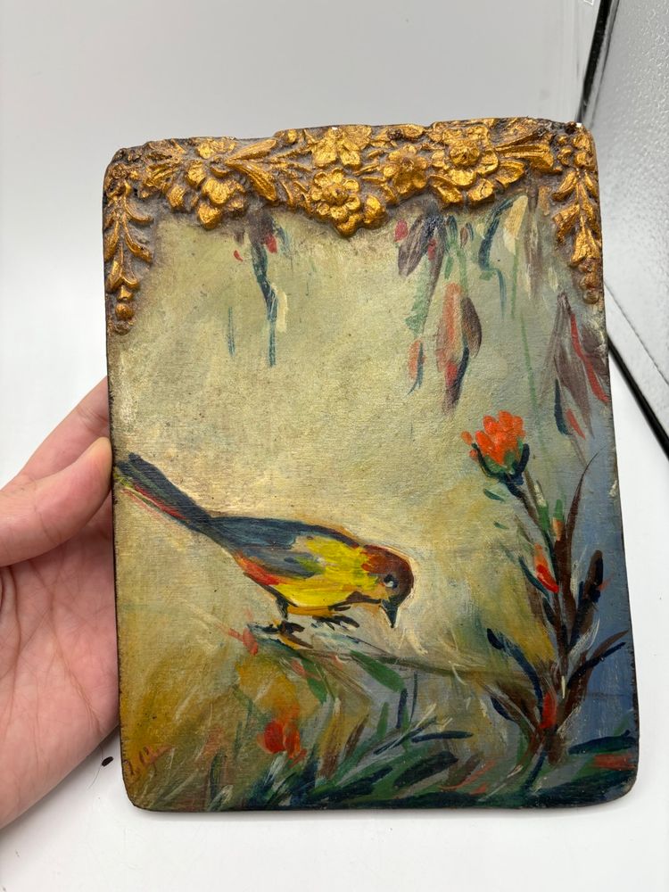 Painted Bird On Wood With Ornate Gold Trim 7.5” x 5.5”