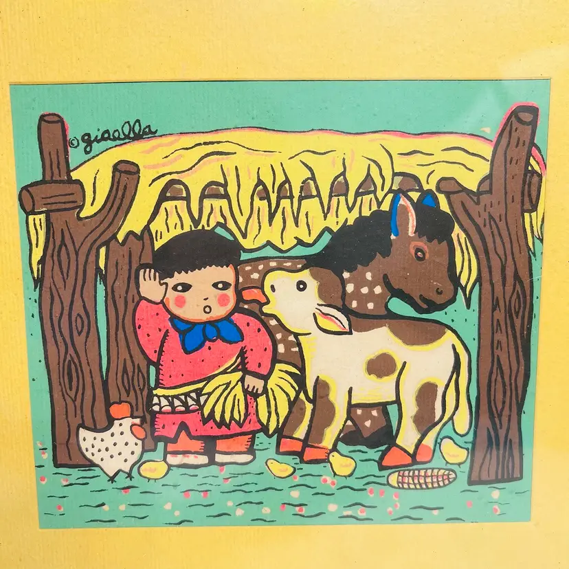 Gisella Loeffler, Taos Southwest Artist, Silkscreen Print Painting Little Boy And Animals 9”x 11”