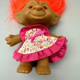 Vintage Ace Troll Doll Novelty Co With Bright Orange Hair & Floral Dress 1990's