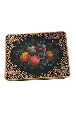 Vintage Biscuit Candy Black Tin Floral Gold Scrollwork England