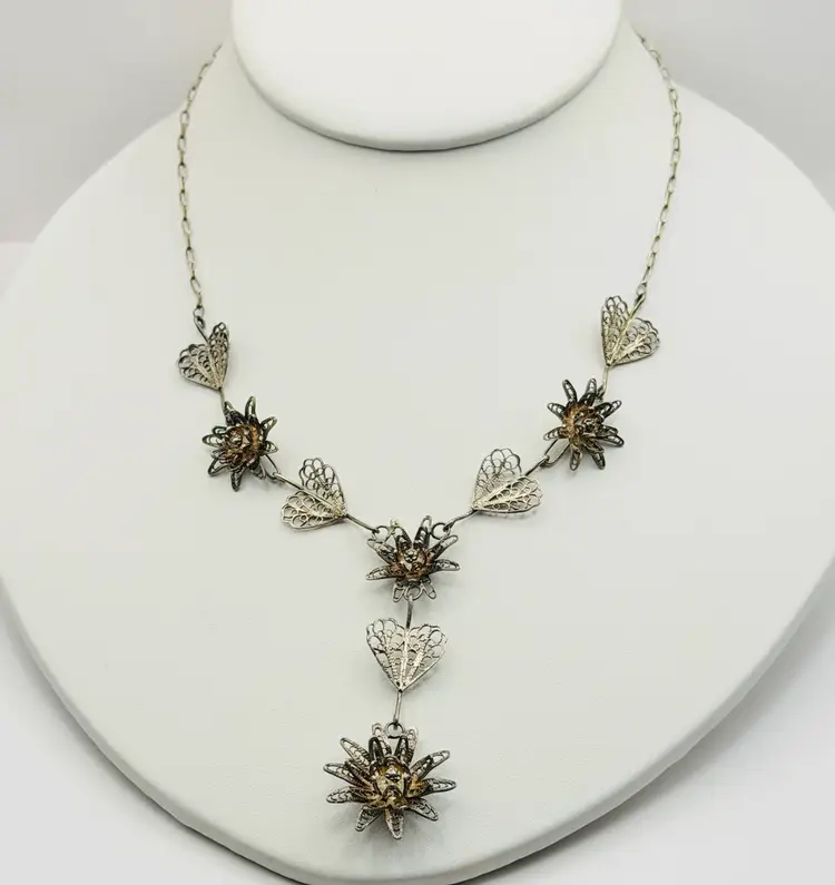 Victorian 800 Silver Filigree Dainty Necklace 15.5” Y Drop Floral 1890s