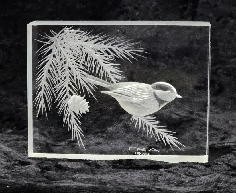 Frank R. Albrecht Lucite Chickadee Reverse Carved 1978