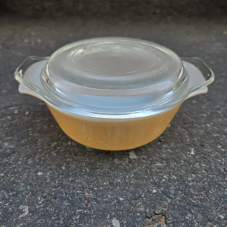 Fire King Baking Casserole #472 Lidded 8 oz Small Peach Luster Vintage with Condition Issues