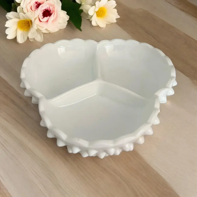 Fenton Hobnail Relish Tray. Divided Milk Glass Serving Dish w 3 Sections. White Milkglass Cottage Core, Granny, Farm House Decor.