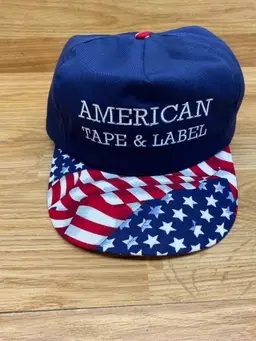 Vintage American Tape & Lable Blue Baseball Hat And US Flag Made in Denver CO