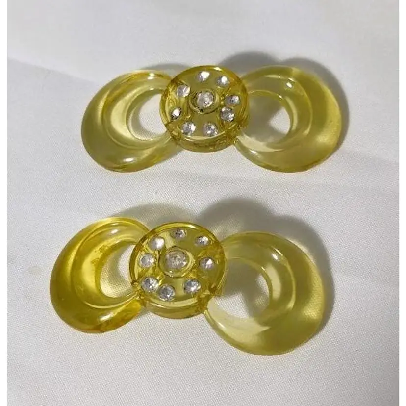 Vintage pair of Acrylic Bow Buttons or Shoe Embellishments. Yellow with Rhinestones