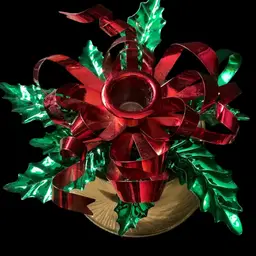 Christmas Candle Holder Metallic Metal Holly & Ribbon