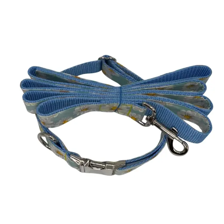 Dog Collar & Leash Yellow Daisy & Flower Print Large Handmade Heavy Duty Metal Buckle NEW