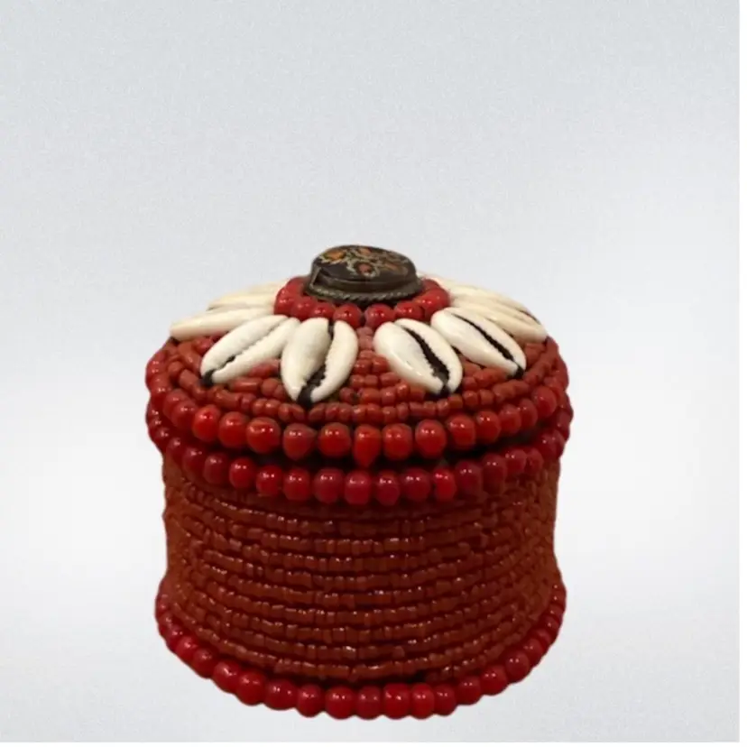 Tozai Handmade Trinket Box Red Beads & Stones, White Shells India
