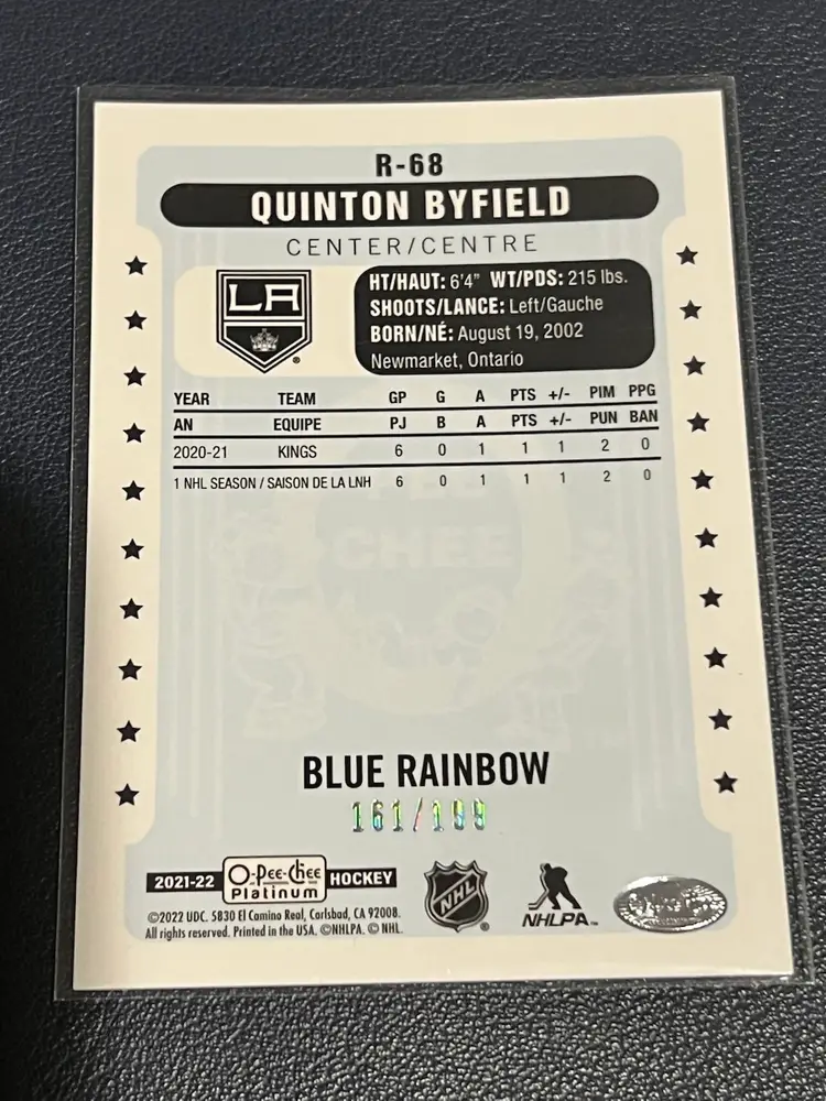 2021-22 OPC Platinum Quinton Byfield Blue Rainbow /199