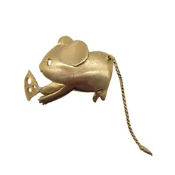 Vintage Whimsical Gold Tone Mouse Snagging Cheese Brooch Pin With Articulated Tail