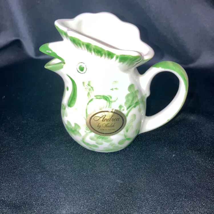 Vintage Andrea by Sadek Chicken Rooster Mini Creamer Pitcher Green & White 3”