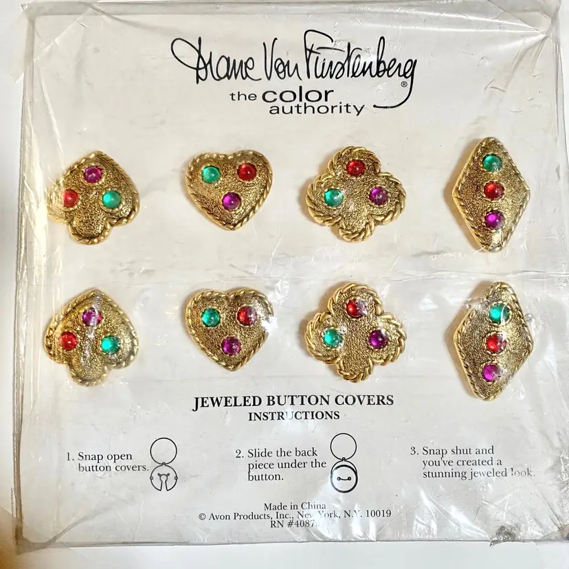 *VTG* 80's Designer Diane Von Furstenburg Jeweled Button Covers Set of 8