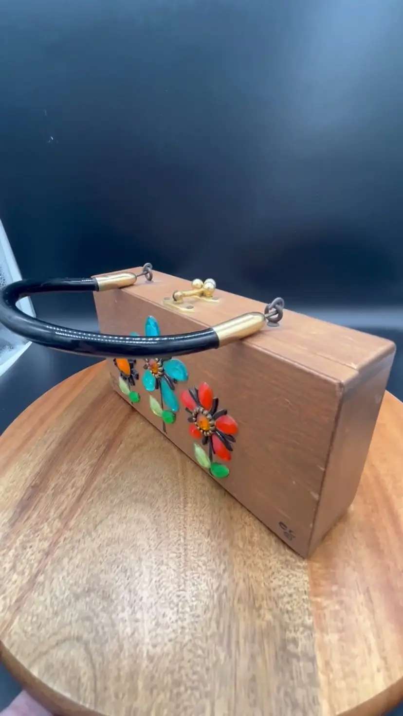 Vintage Enid Collins Wooden Box Purse with Jeweled Floral Embellishments