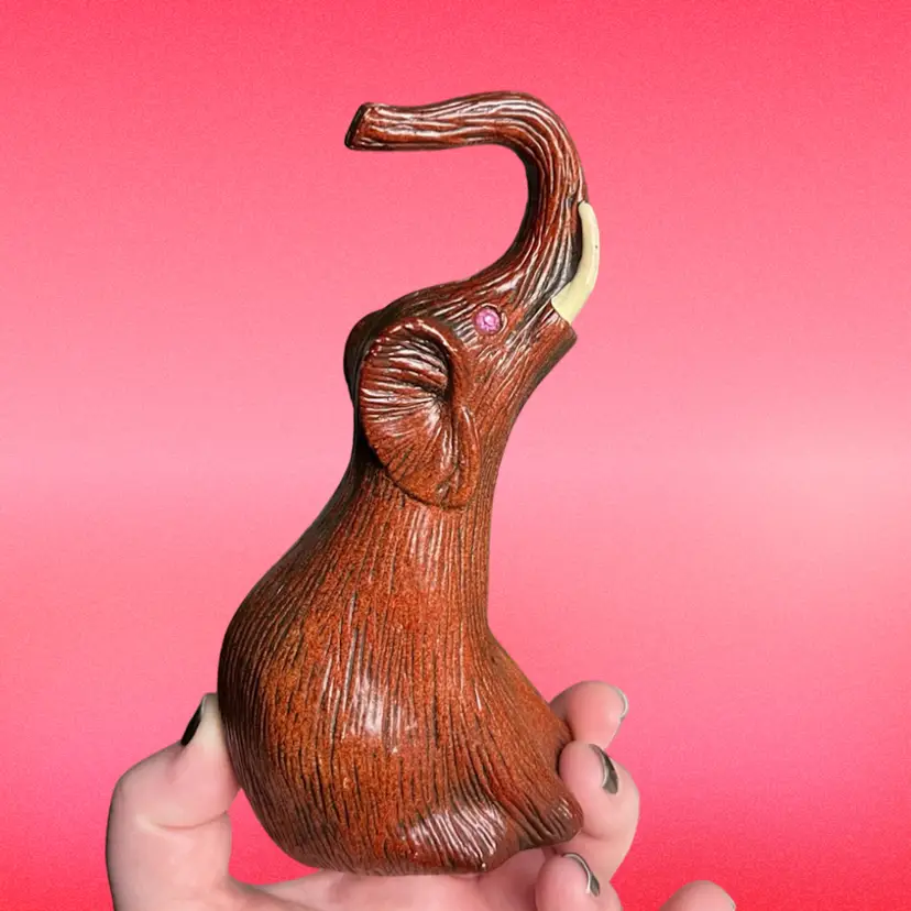 Faux Wood Mid Century Elephant Figurine With Gemstone Eyes