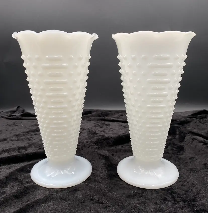 Set of 2: Vtg. Anchor Hocking Hobnail Milk Glass Vase, Ruffled Edge, 9.5"
